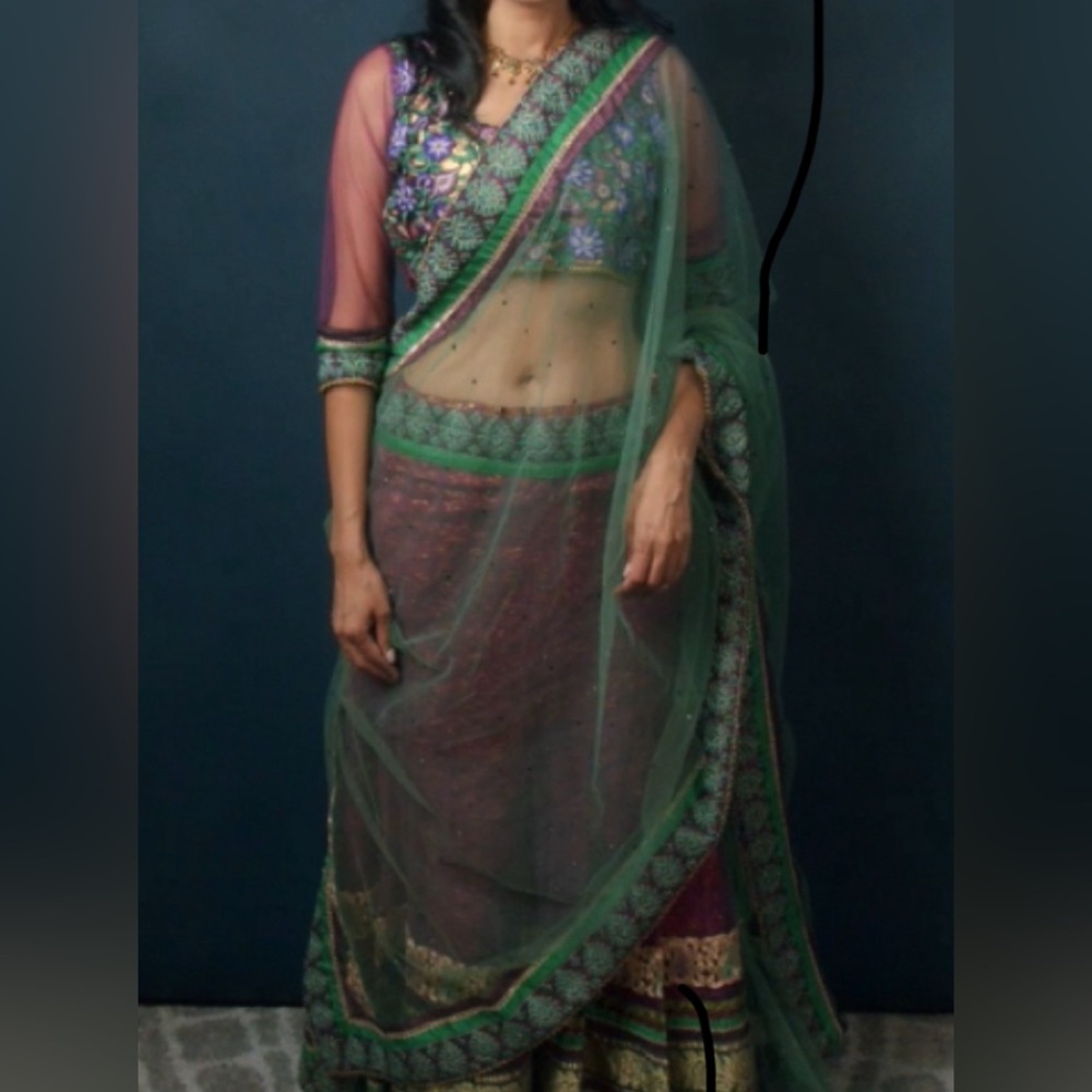 Lengha top, skirt and scarf purple and green design size small